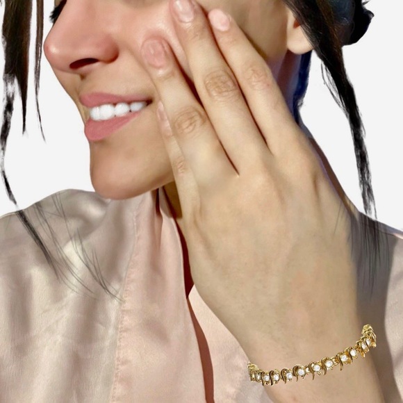 FANCY White Zirconias Stones On 10K Yellow Gold Plated Tennis Bracelet - Picture 10 of 10